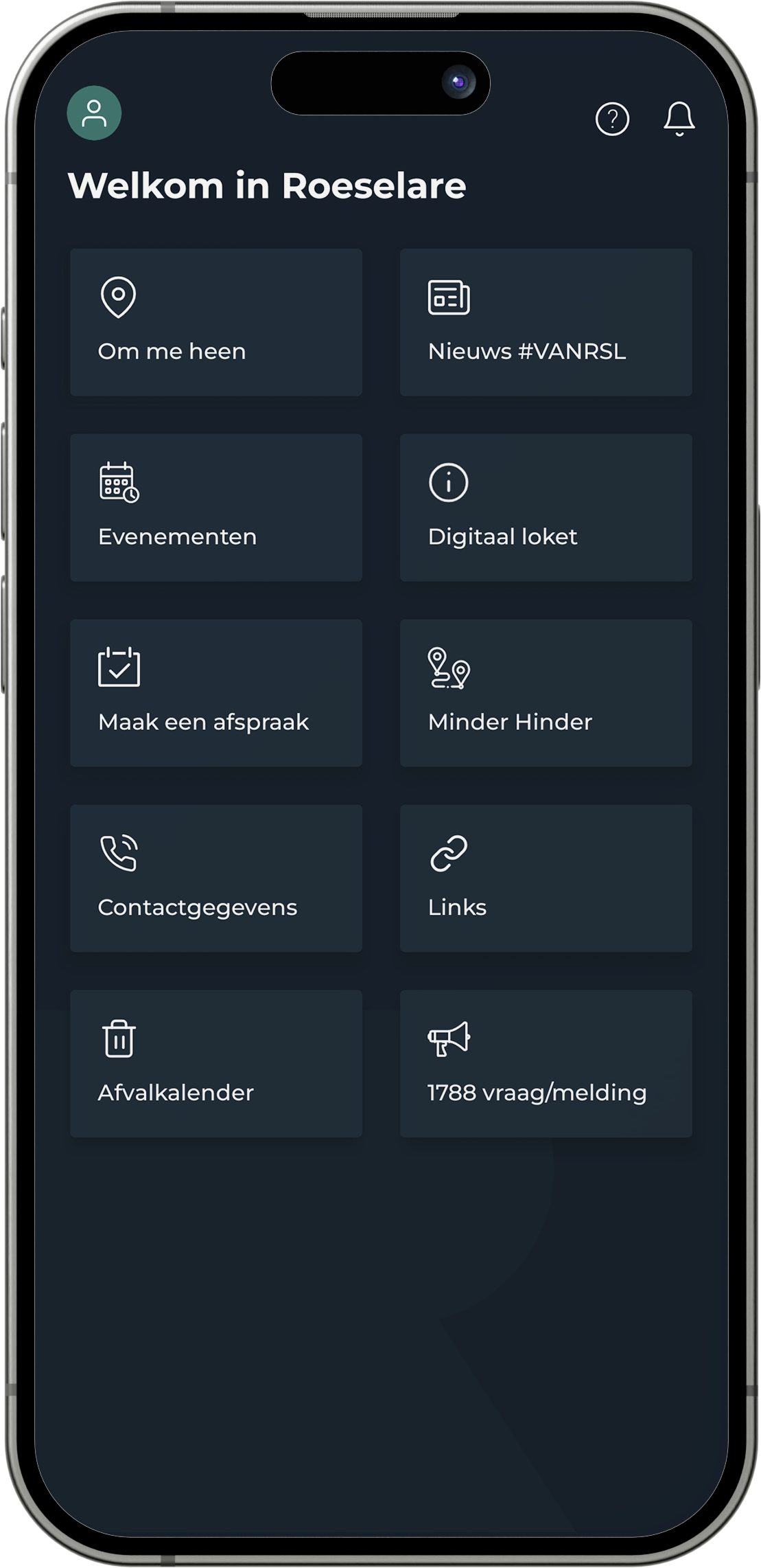 Startscherm van de app in donkere modus