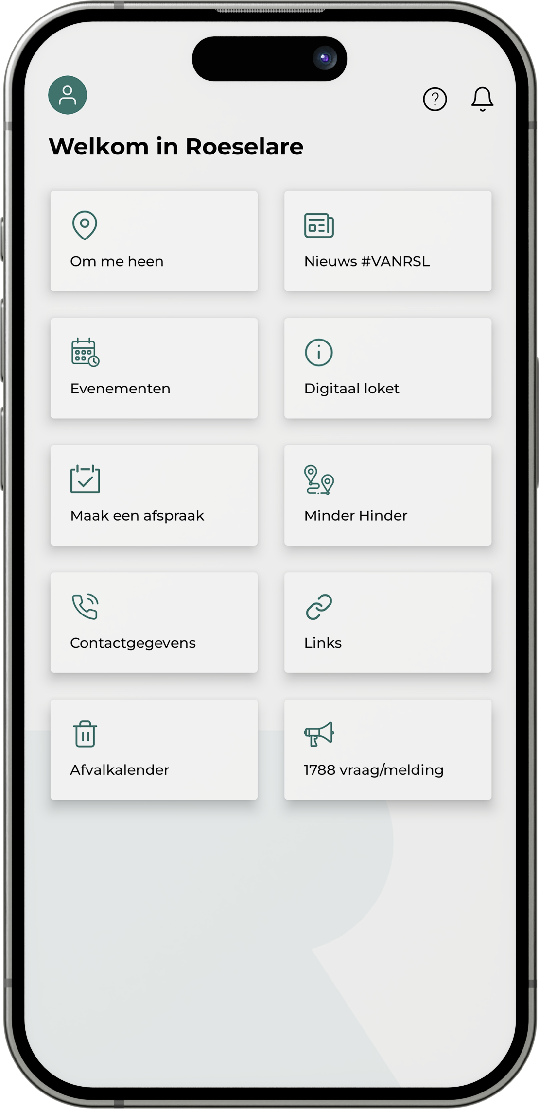Startscherm van de app met snelkoppelingen zoals Afvalkalender, Evenementen en 1788 vraag/melding